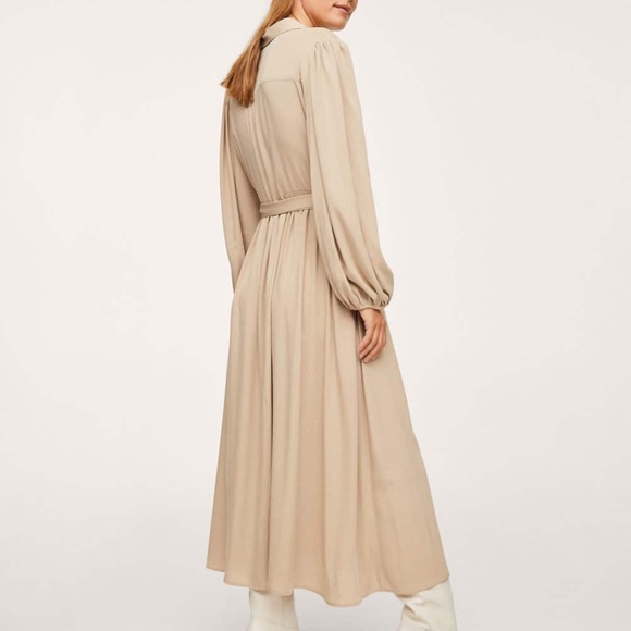Beige button down long sleeve pleated tie-waist midi dress - Picture 3 of 6